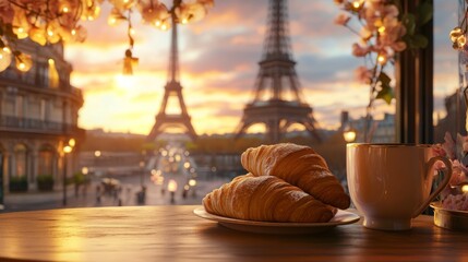 Obraz premium Two perfectly golden croissants lie on a wooden table, framed against the radiant glow of the Eiffel Tower at sunset, casting a warm, inviting ambiance.