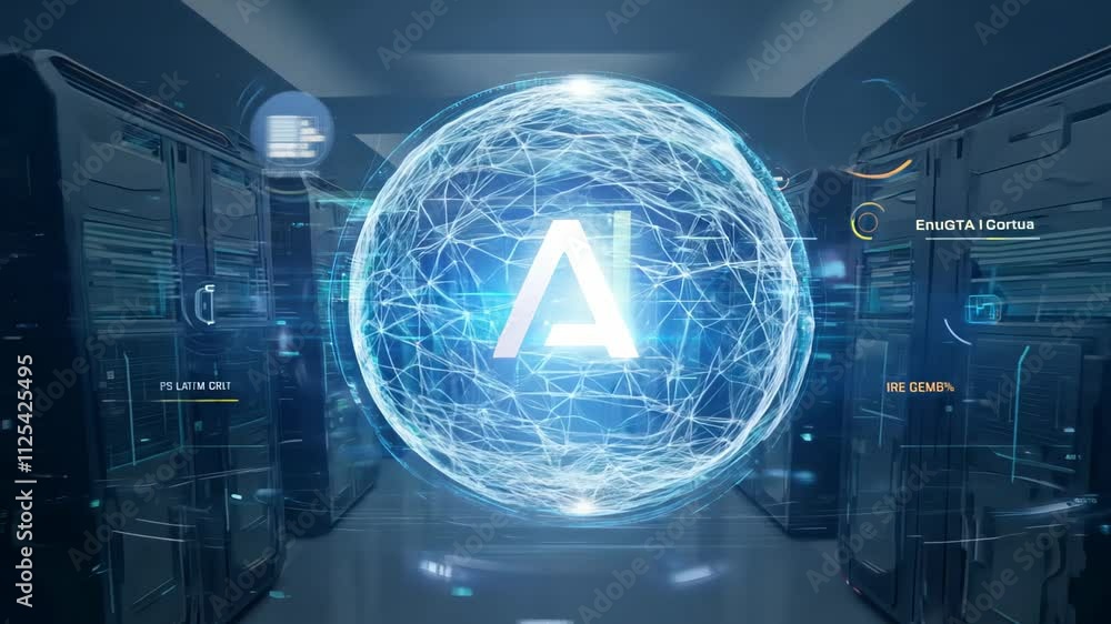 Poster explore the cutting-edge technology of a modern data center filled with powerful servers and advance