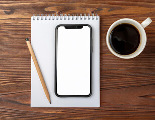 A smartphone on a wooden surface with a blank screen