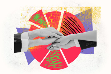 Composite photo collage of business people hands high five gesture team building diagram progress stats isolated on painted background