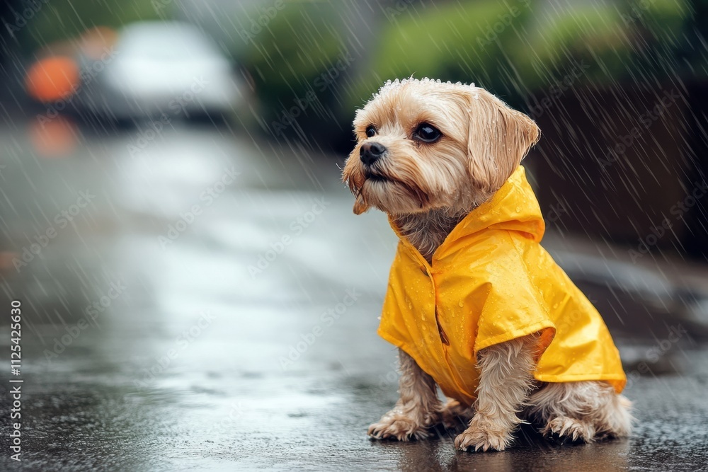 Poster a small dog sits on a wet surface during light rainfall, looking adorable in a bright yellow raincoa