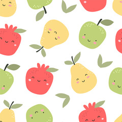 Seamless pattern with cute pear, apple and pomegranate fruits on a white background. Vector illustration for printing. Cute children's background. Food and drinks