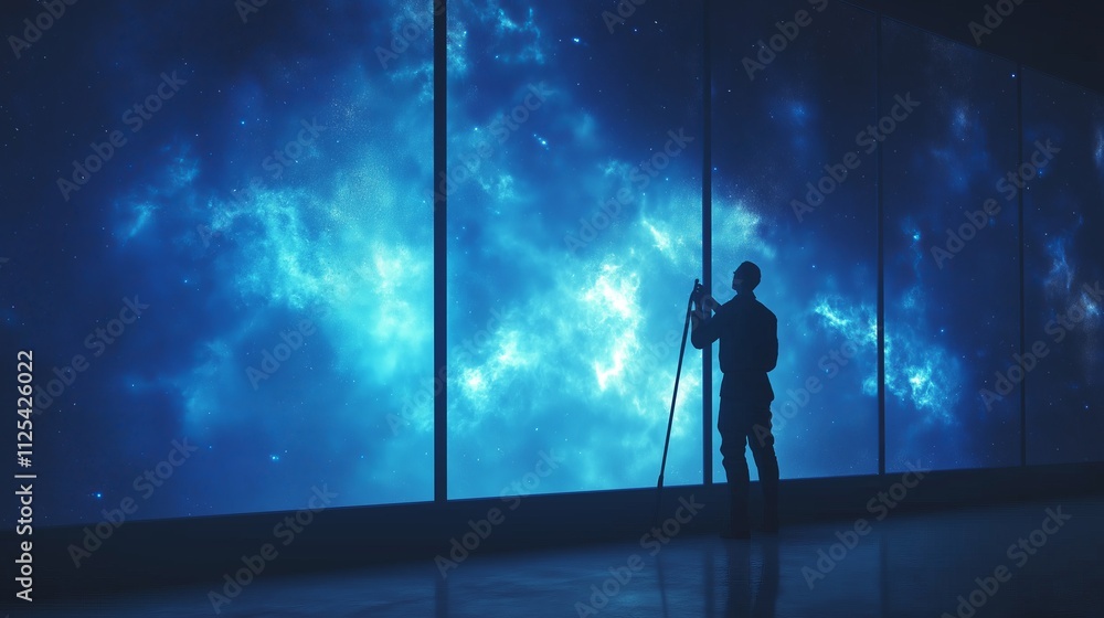 Canvas Prints a silhouette of a janitor cleaning a large window with a cosmic view of stars and nebulae in outer s