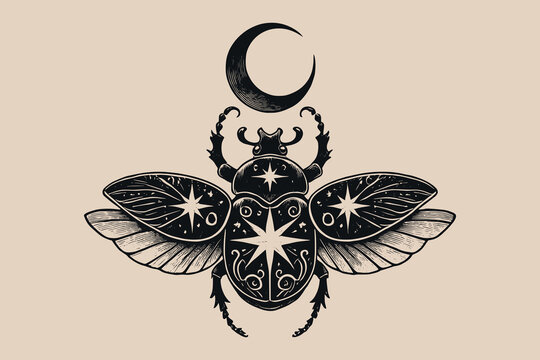 Elegant celestial scarab beetle in vintage black and white tattoo style
