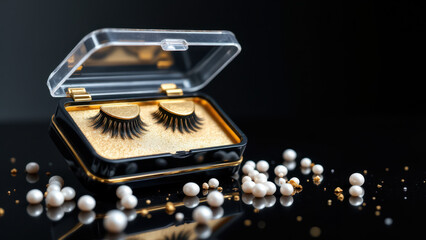 Lush cluster of false eyelashes in an open case, surrounded by pearls and glitter on a dark background.