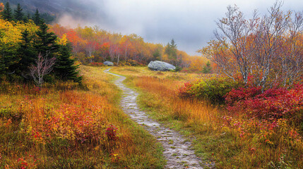 Naklejka premium Paths winding through foggy meadows with vibrant autumn colors emerging.
