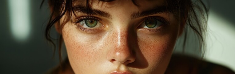 Close-up portrait capturing the striking green eyes and freckled skin of a young person illuminated by soft light