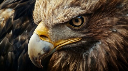 Fototapeta premium A dramatic close-up of an eagle's eye and face, sharply focused and richly detailed, portraying the nobility and predatory power of this impressive bird species.