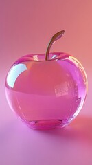Obraz premium A pink transparent glass apple with a reflective surface is artistically placed against a warm gradient background for a modern still-life composition.