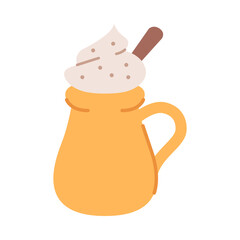 Christmas hot drinks.Cute holiday cup.Coffee mug with cinnamon stick and whipped cream.Hot cocoa mug with cream.Vector illustration.Isolated on white background.Hot chocolate.