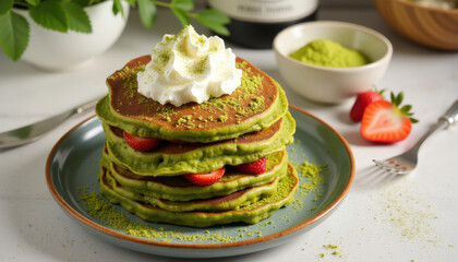 Matcha pancakes with strawberries and whipped cream
