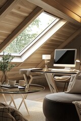 Workplace with a glass table - computer and coffee in a stylish attic 