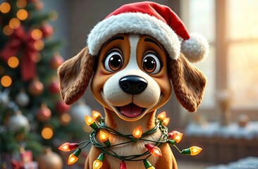 Cute Dog in Santa Claus hat is tangled in garland with light bulbs. Puppy with big eyes Cartoon Character for Christmas Greeting Card, New Year Poster, Advertising Banner. Bokeh background