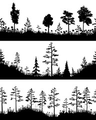 Seamless vector set of 3 wood landscapes. Forest border black and white realistic summer silhouettes of the ground with grass, flowers, trees, pines and bushes on it. 