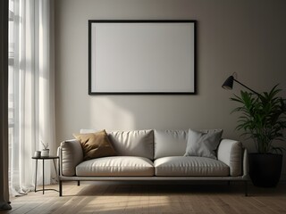 3d render of minimalist blank empty poster, black-edged frame, hanging on a plain wall, clean design, soft lighting, modern and simple aesthetic