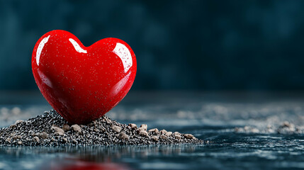 Fototapeta premium A shiny red heart sits atop a textured surface, symbolizing love and affection against a soft-focus background.
