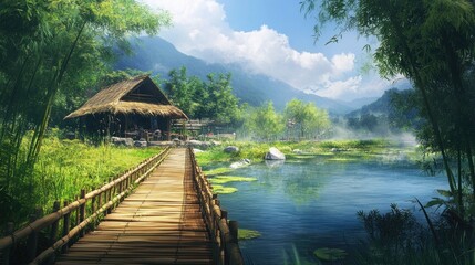 Serene Bamboo Forest Landscape with Tranquil Waterway and Hut