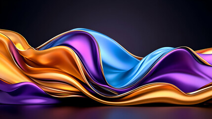 Vibrant, flowing fabric with rich hues of blue, purple, and orange, creating a dynamic and elegant texture against a dark background.