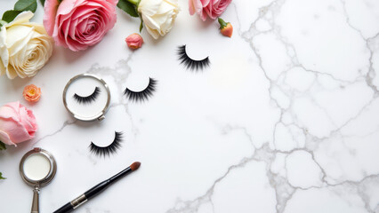 A collection of false eyelashes on a marble surface with cosmetic tools like tweezers, brushes, and makeup.