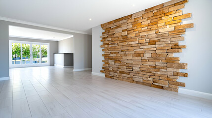 Modern interior space featuring a textured wood accent wall and open layout with natural light.