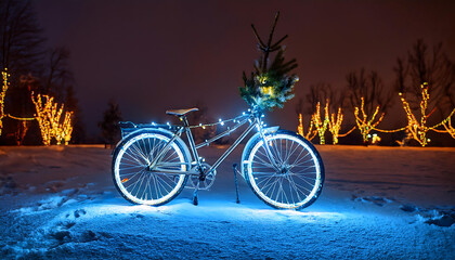 Fototapeta premium Glowing bicycle decorated with christmas lights in winter night