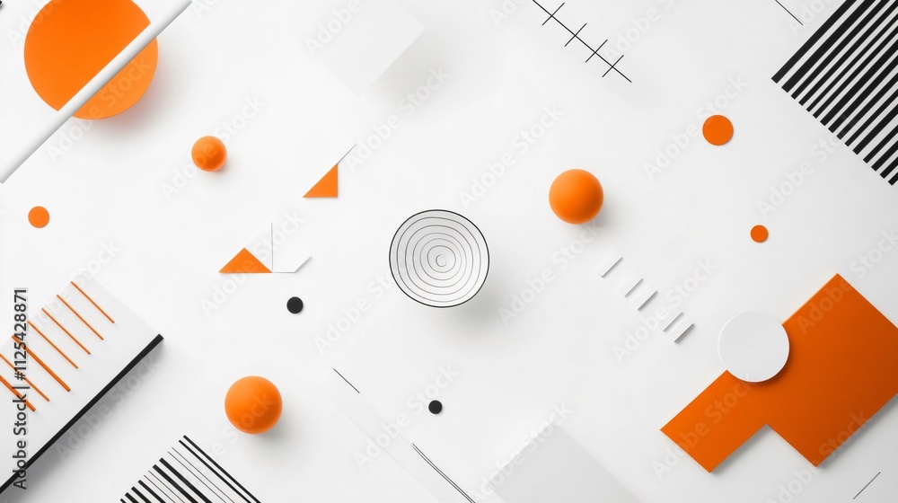 Poster abstract minimalist composition: a interplay of orange and white geometric shapes on a clean backgro
