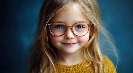 Portrait d'une petite fille en gros plan, souriante portant des lunettes, sur fond bleu, v&ecirc;tue d'un pull couleur moutarde et avec des cheveux longs.