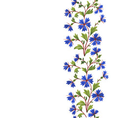 Seamless border with bouquets of blue stylized flowers cornflowers (Centaurea cyanus, bachelor's button, knapweed or bluett). Watercolor hand drawn painting illustration isolated on white background.