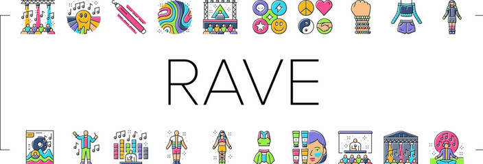 rave retro party music icons set vector. 90s grid,vintage wave, trippy neon emoji, psychedelic 80s, cool disco futuristic rave retro party music color line illustrations