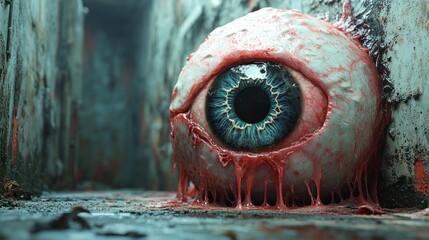 Giant, bloody eyeball in a dark alley.