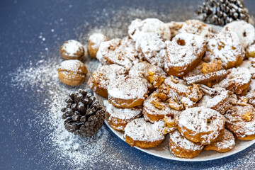 Authentic sweet Christmas French toast served with sugar and cinnamon in a Christmas atmosphere