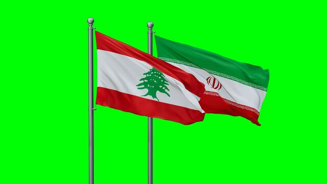 Iran and Lebanon two flags waving together on blue , video concept of the relationship with colored chroma key for easy background remove