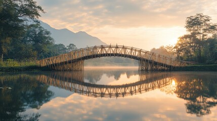 Fototapeta premium Serene Bamboo Bridge Over Calm Water at Sunrise in Nature