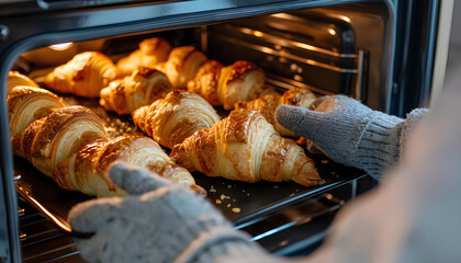 person is removing a tray of golden-brown croissants from an oven, wearing a protective oven mitt