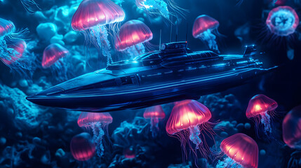 Fototapeta premium An AI-generated underwater scene with a futuristic submarine surrounded by bioluminescent jellyfish.