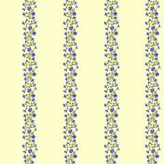 Seamless pattern with stripes of bouquets of blue stylized cornflower flowers (bachelor's button, knapweed, bluett). Watercolor hand-drawn illustration, isolated on a yellow background