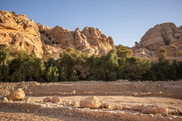 Beautiful Afternoon Landscape in Wadi Musa. Jordanian Scenery with Rocky Cliff in the Middle East.