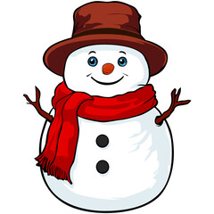 Snowman with carrot nose. Vintage Snowball smiling Snowman, scarf and hat on the white background illustration graphic design