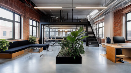 Fototapeta premium Modern Industrial Office Space Design | Contemporary Open Plan Workspace with Natural Elements | Professional Interior Design with Exposed Brick and Glass Partitions | Urban Loft Style Commercial Offi