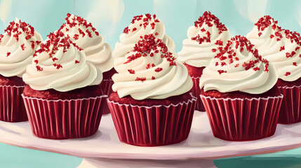 Moist red velvet cupcakes smothered in a tangy cream cheese frosting and sprinkled with crushed red velvet crumbs on top. Frosted. Illustration