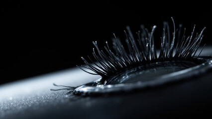 Close-up view of a cluster of black eyelashes with a reflection of light on them.
