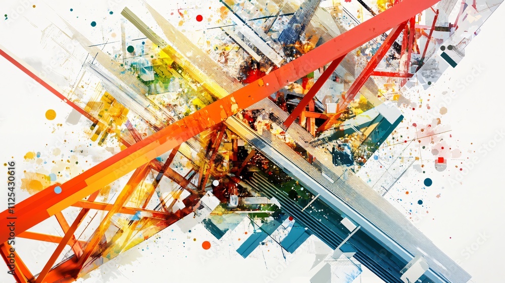 Poster abstract architectural design: a colorful blend of geometric shapes and modern structures