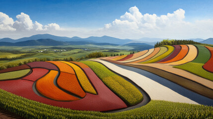 Fertile plains with rows of crops stretching into the distance, a colorful landscape