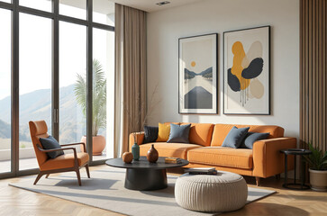 Modern Living Room with Orange Sofa and Scenic View
