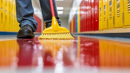 A janitor sweeping a brightly colored hallway with yellow lockers, focusing on the clean floor