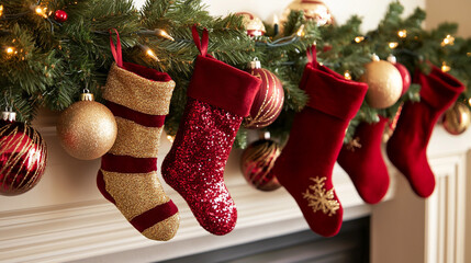 Christmas Stockings Fireplace Mantle Decor  Red Gold Glitter  Festive Holiday Ornament