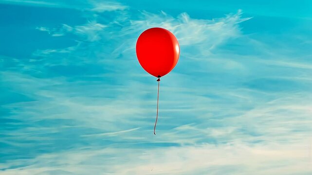 Red balloon floating against a blue sky backdrop, serene and whimsical scene. Freedom and childhood nostalgia concept