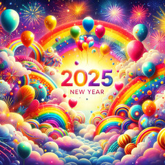 New Year 2025 celebration rainbow vibrant colorful fireworks