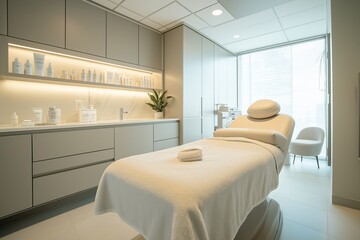 A clean and minimalistic spa room featuring a treatment bed, skincare products, and natural light
