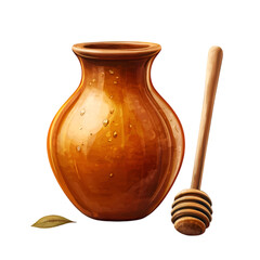 Golden Honey Jar with Wooden Spoon and Natural Ingredients in Rustic Kitchen Still Life